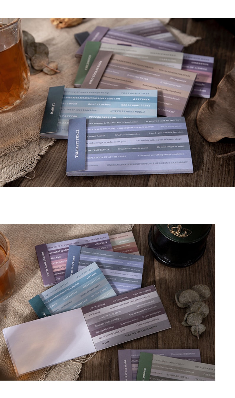 May include: A set of colorful note cards with inspirational quotes and phrases. The cards are arranged in a stack, with the top card showing the quote "One can always be kind to people they don't care about." The cards are printed on a textured paper with a subtle gradient effect.