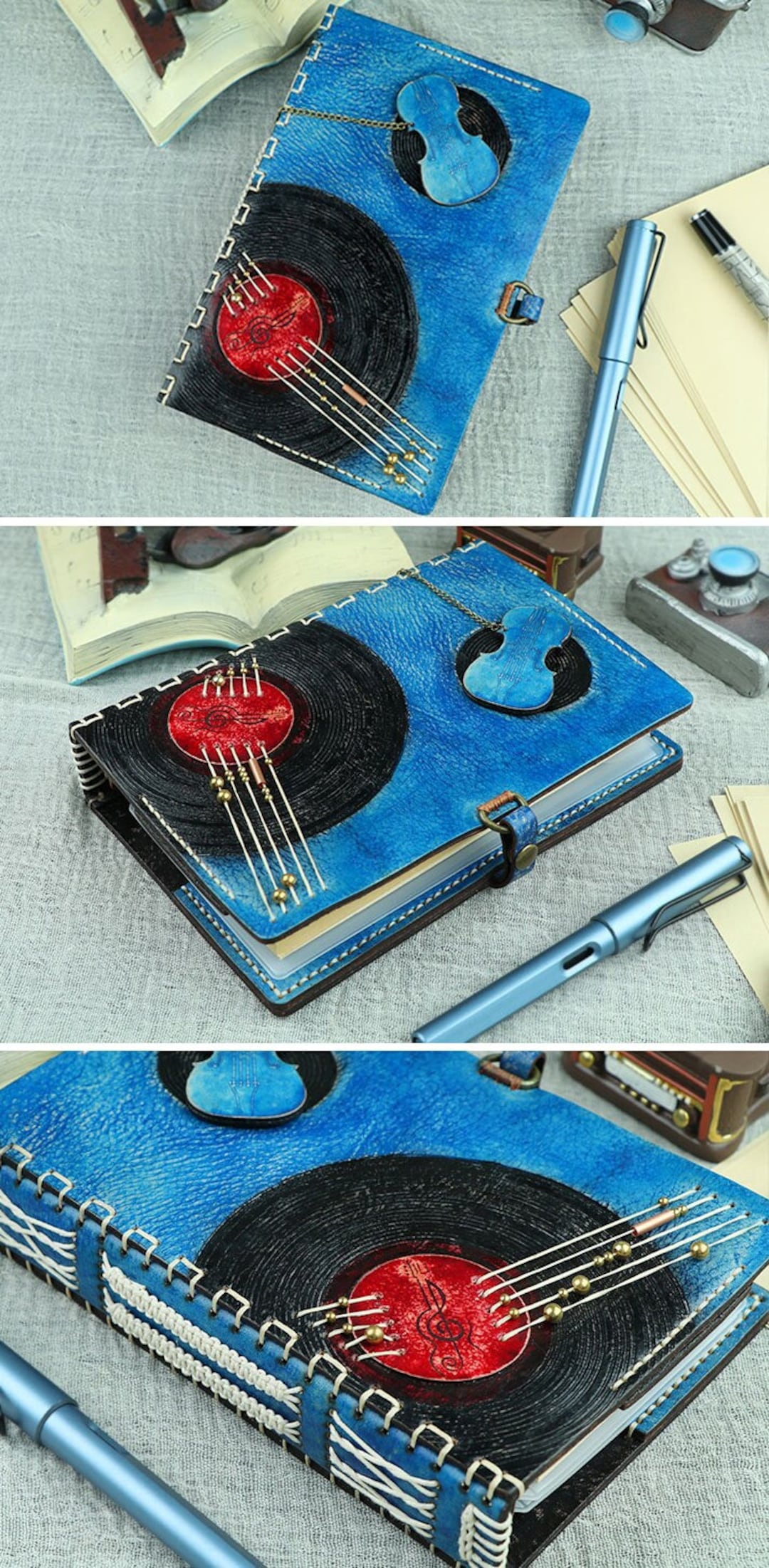 Record Notebook Cover Vintage Blue Cover Vinyl Record Notebook Journal Custom Genuine Leather ...
