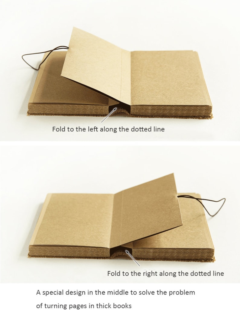 May include: A brown notebook with a special design in the middle to help turn pages in thick books. The notebook has a brown leather strap and a dotted line down the center of the spine. The text "Fold to the left along the dotted line" and "Fold to the right along the dotted line" is visible in the image.