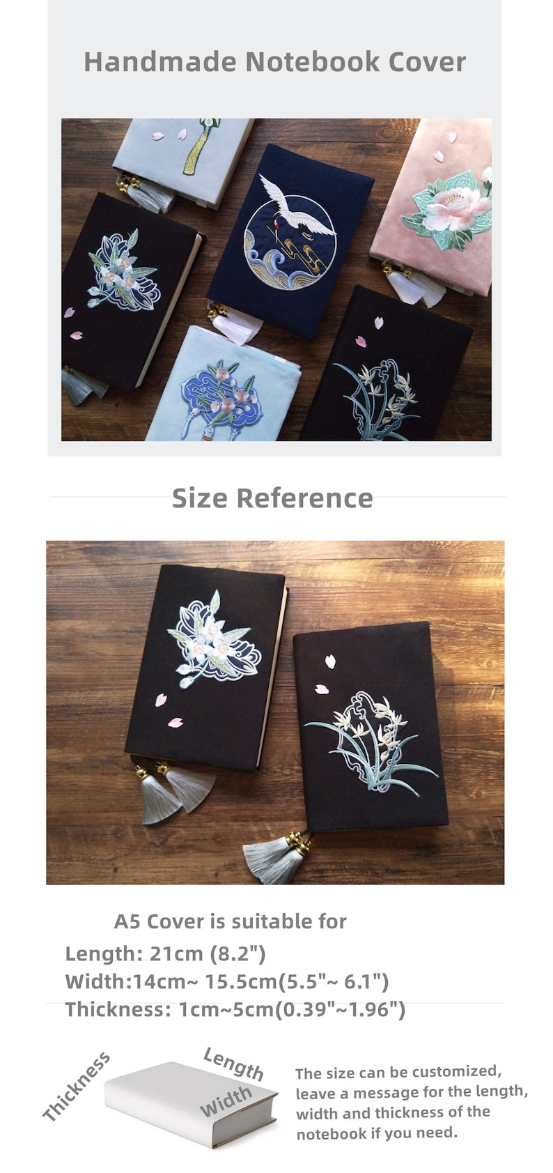 May include: A5 size notebook cover with embroidered floral designs in shades of blue, white, and pink. The cover is made of black fabric with white tassels. The text "Size Reference" is visible below the image.