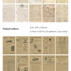 May include: A set of 30 vintage-style paper ephemera, including faded letters and old newspaper clippings. The papers are printed on a cream-colored background with black ink. The letters are handwritten and the newspapers feature advertisements and articles. Each piece measures 140 x 200 mm.