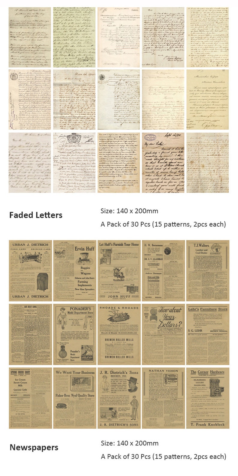 May include: A set of 30 vintage-style paper ephemera, including faded letters and old newspaper clippings. The papers are printed on a cream-colored background with black ink. The letters are handwritten and the newspapers feature advertisements and articles. Each piece measures 140 x 200 mm.