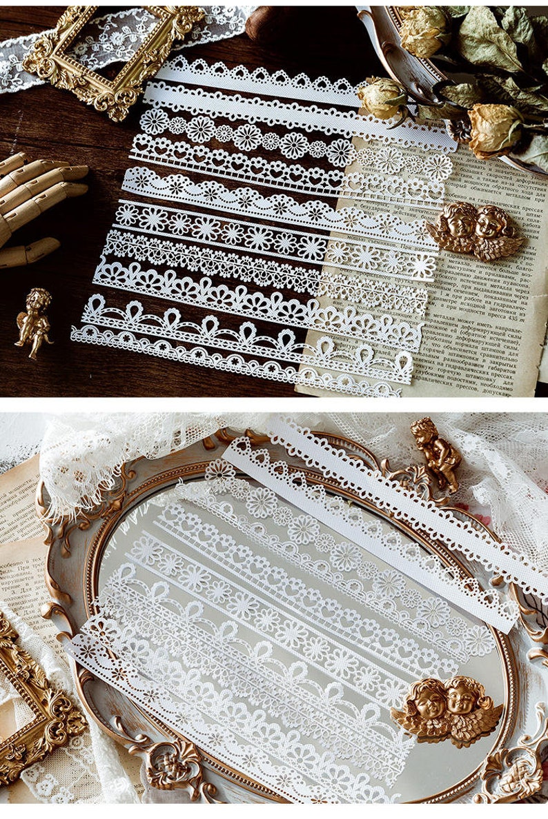 May include: A set of 10 white lace trims with various patterns, including floral, scalloped, and geometric designs. The trims are arranged in two rows on a wooden surface and a mirrored surface.