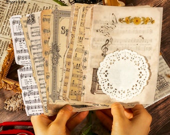 Papeles efímeros para diarios basura retro: Música, encaje y noticias (26 unidades)