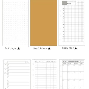 May include: An image displaying 11 planner sheet styles. These include white blank and lined pages, grid and dot pages, and kraft blank. Also shown are daily, to-do, financial, monthly, Cornell, and weekly plan layouts.