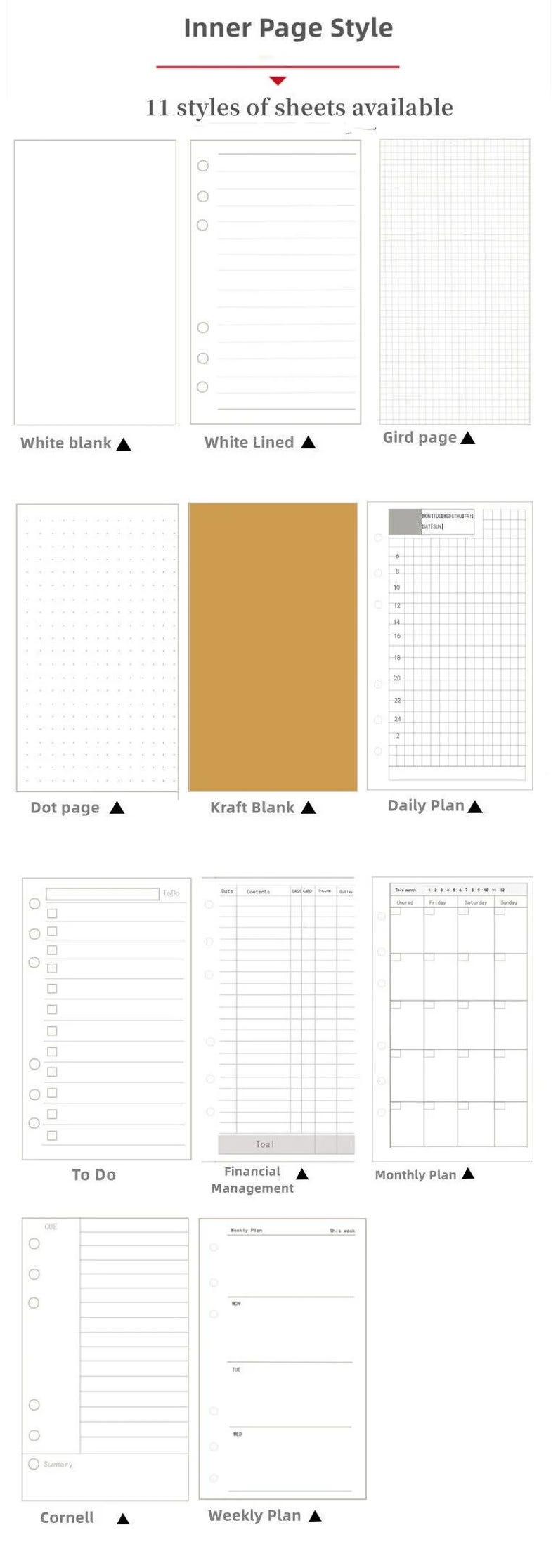May include: An image displaying 11 planner sheet styles. These include white blank and lined pages, grid and dot pages, and kraft blank. Also shown are daily, to-do, financial, monthly, Cornell, and weekly plan layouts.