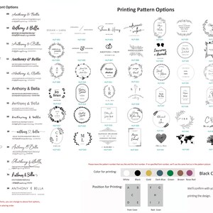May include: A chart with options for customizing a wedding favor. The chart includes font options, printing patterns, and color and position options for printing. The text on the chart includes "New Font Options", "Printing Pattern Options", "Color for Printing", "Position for Printing", and "Black Color as Default".