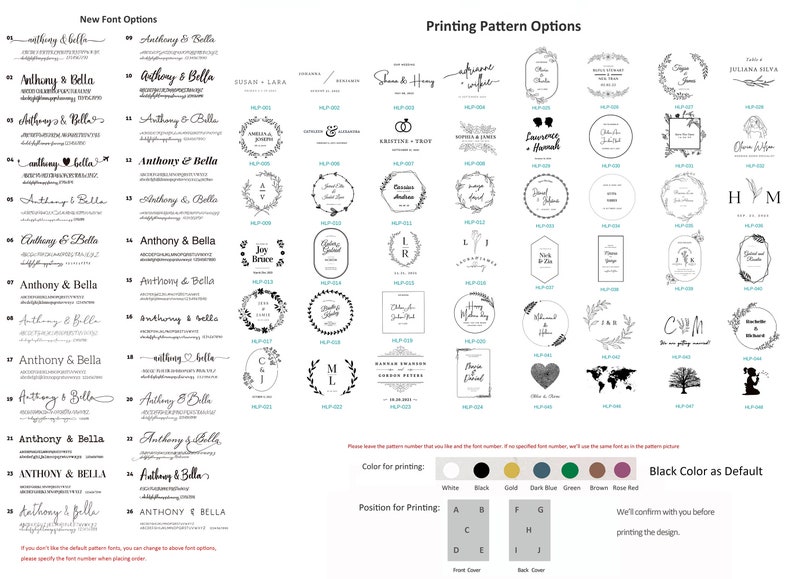 May include: A chart with options for customizing a wedding favor. The chart includes font options, printing patterns, and color and position options for printing. The text on the chart includes "New Font Options", "Printing Pattern Options", "Color for Printing", "Position for Printing", and "Black Color as Default".