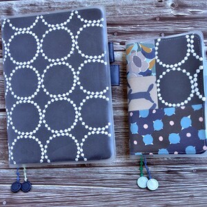 May include: Two fabric-covered notebooks with clear plastic covers. The larger notebook has a dark blue cover with a white circle pattern. The smaller notebook has a patchwork cover with blue, brown, and white patterns.