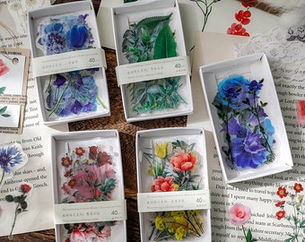 Paquete de pegatinas florales retro, transparentes, de PET, impermeables, troqueladas, de plantas verdes, hojas, pegatinas de naturaleza, pegatinas decorativas, pegatinas para planificadores, pegatinas para diarios tipo bala