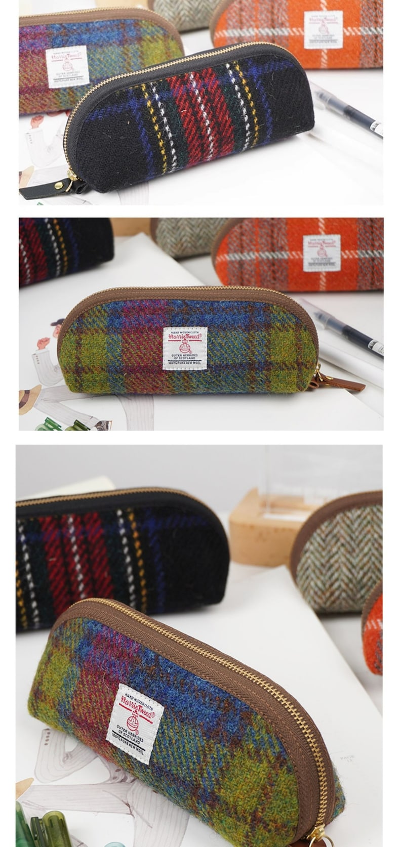 May include: A collection of semi-circular pencil cases crafted from Harris Tweed wool fabric. Each case features a zipper closure and a white rectangular label with the Harris Tweed logo and text. The patterns include multi-colored plaid and herringbone.