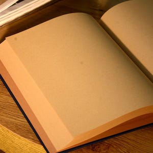 Puede incluir: Un libro abierto en blanco con p&aacute;ginas marrones y una cubierta azul oscuro. El libro est&aacute; abierto sobre una superficie de madera.