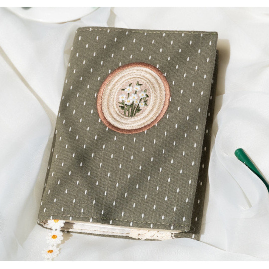 Daisy Embroidered Notebook Cover Raindrop Grid Handmade Fabric Journal
