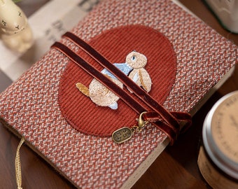 Carnet de notes en velours côtelé avec couverture en laine et broderie lapin A5 A6 fait à la main, carnet de notes rétro rechargeable, cadeau spécial pour elle