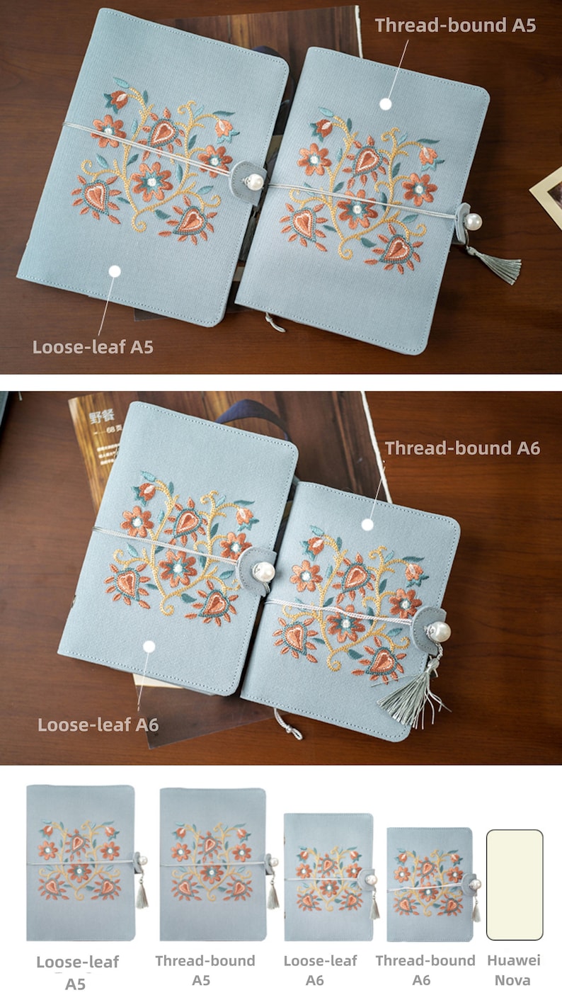 May include: Pale blue notebooks with embroidered floral patterns in orange, brown, and teal. Available in A5 and A6 sizes, with loose-leaf and thread-bound bindings. Each notebook has a pearl clasp and a tassel for closure.