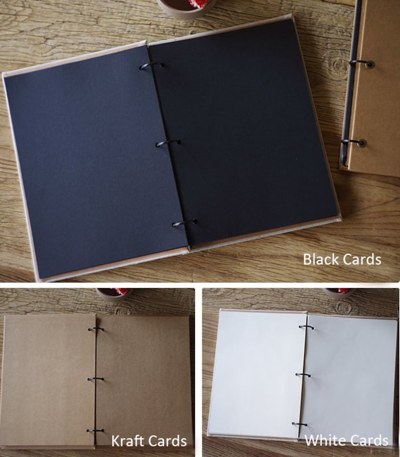 Może przedstawiać: Trzy otwarte albumy fotograficzne z r&oacute;żnokolorowymi stronami. Pierwszy album ma czarne strony, drugi ma brązowe strony z papieru kraft, a trzeci ma białe strony. Wszystkie trzy albumy mają brązową okładkę i są zszyte czarnymi k&oacute;łkami.