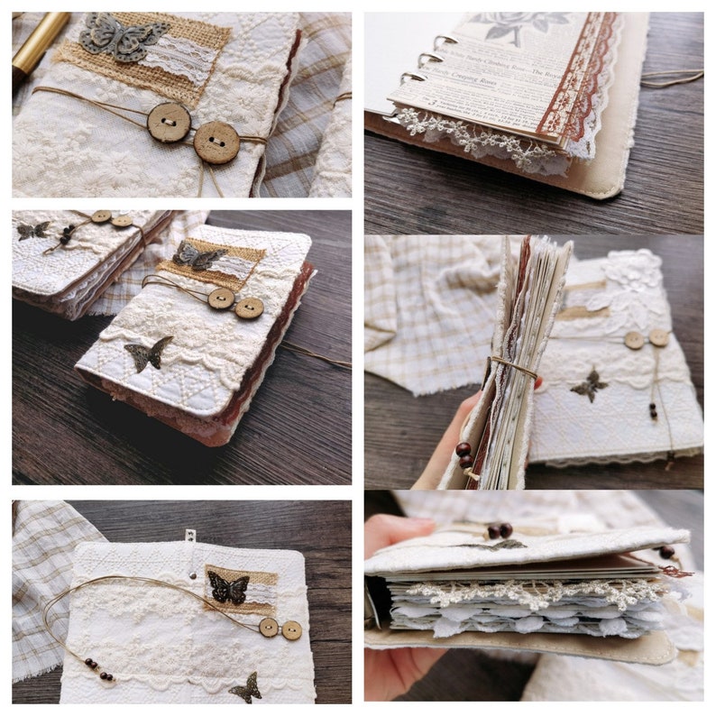 May include: A collection of handmade journals with white covers decorated with lace, burlap, and wooden buttons. The journals have a rustic, vintage aesthetic and are perfect for journaling, scrapbooking, or other creative projects.