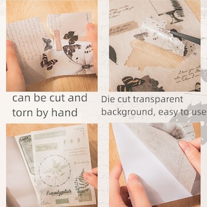 May include: A set of collage paper featuring a variety of designs, including butterflies, leaves, and text. The paper is die-cut and transparent, making it easy to use. The paper is also self-adhesive and has a glued seal, making it easy to tear off.