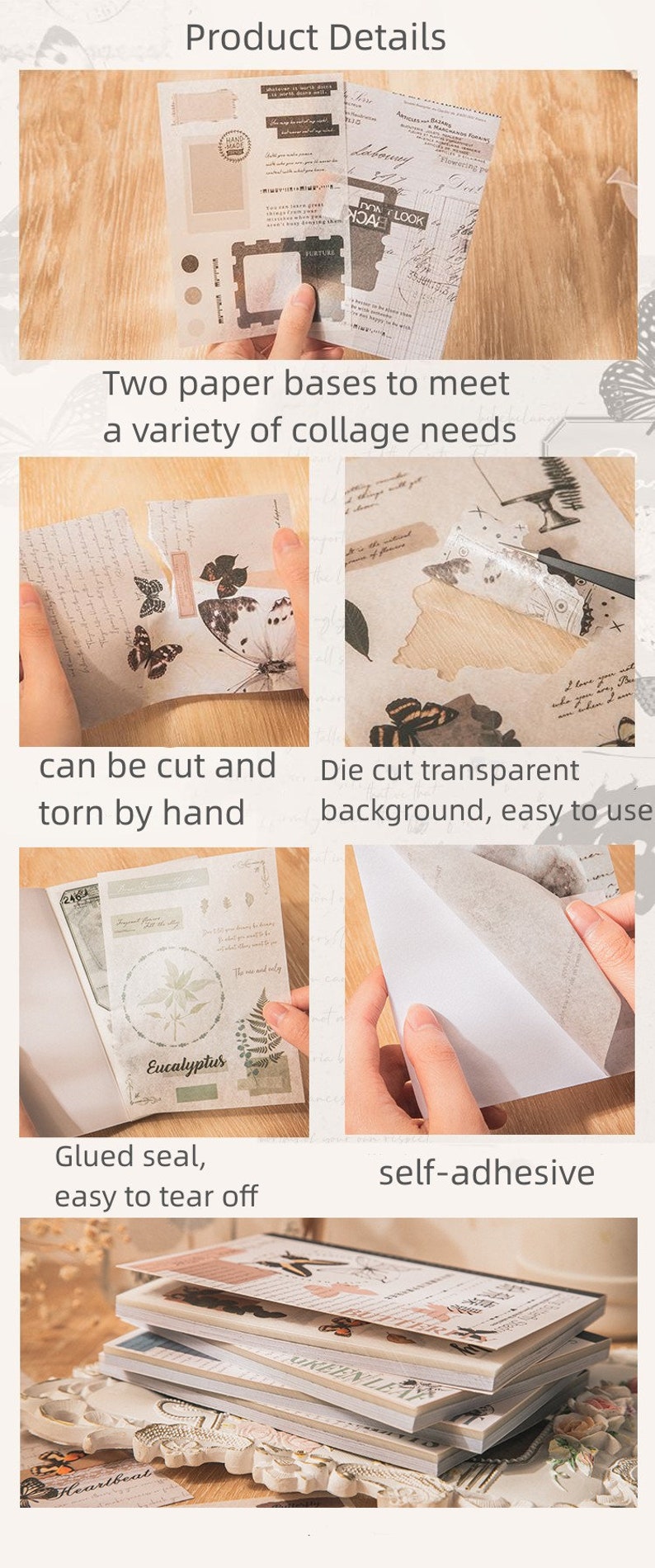 May include: A set of collage paper featuring a variety of designs, including butterflies, leaves, and text. The paper is die-cut and transparent, making it easy to use. The paper is also self-adhesive and has a glued seal, making it easy to tear off.