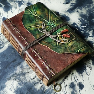 Cuaderno A4 de cuero retro, diario, cuaderno de bocetos, café, hoja de loto verde, grueso, gran cuaderno de negocios, libro de piel de vaca, hecho a mano, Bloc de notas de regalo personalizado