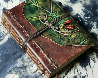 Taccuino in pelle retrò A4 Quaderno per schizzi Caffè Verde Foglia di loto Taccuino spesso per grandi affari Libro in pelle bovina Blocco note regalo personalizzato fatto a mano