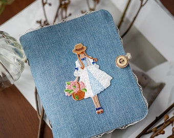 Mini Denim Embroidery Journal A7 Replaceable Travelers' Notebook Literary Girl Fabric Binder Journal Cute Handmade Notepad Sister's Gift