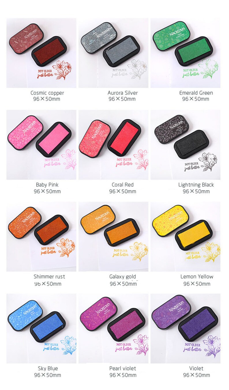 May include: Ten ink pads with floral designs and the text "Not older just better". The ink pads are in various colors, including cosmic copper, aurora silver, emerald green, baby pink, coral red, lightning black, shimmer rust, galaxy gold, lemon yellow, sky blue, pearl violet, and violet. Each ink pad measures 96 x 50 mm.