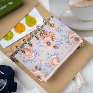 May include: A floral print binder with a light blue background and a zipper closure. The design features pink and peach roses with green leaves. The binder is open, revealing a tan interior and a few cards.