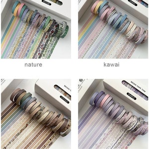 May include: Four sets of washi tape rolls in different color themes: nature, kawaii, vintage, and purple. Each set includes a variety of patterned tapes with floral, geometric, and striped designs.