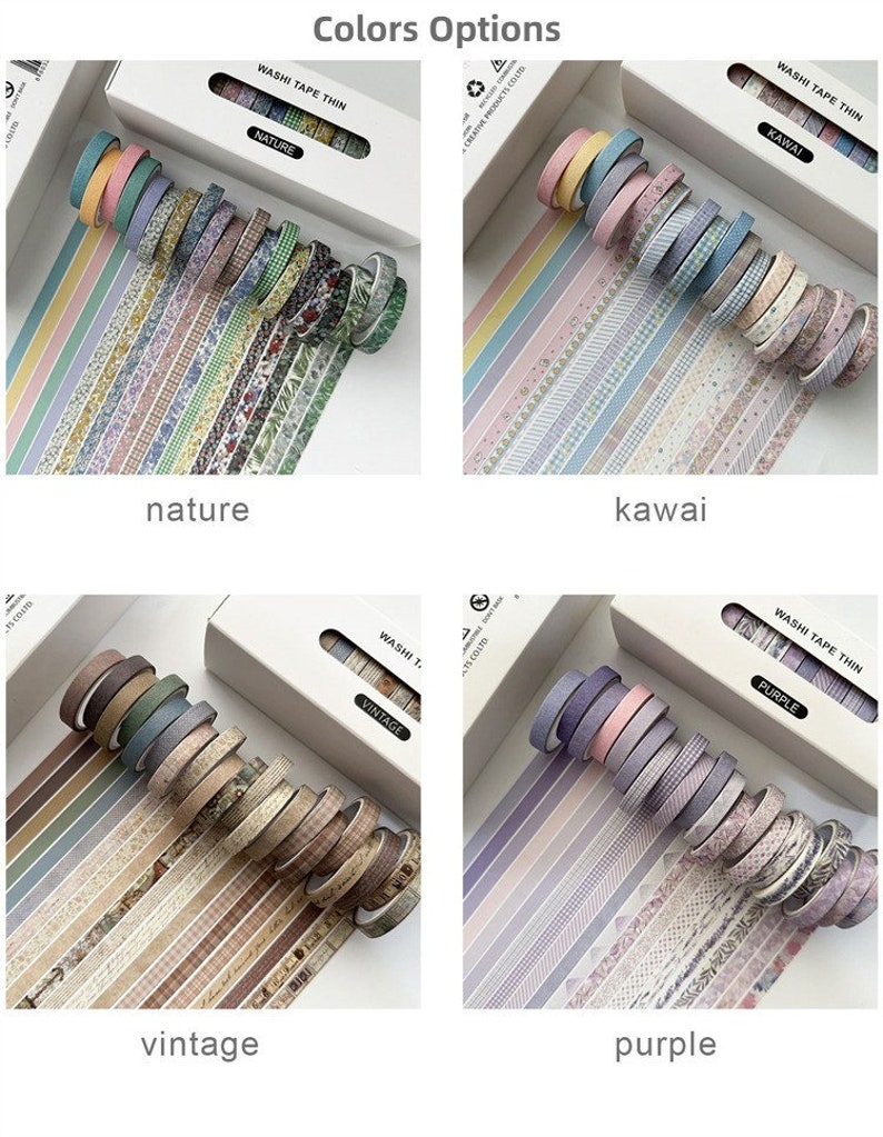 May include: Four sets of washi tape rolls in different color themes: nature, kawaii, vintage, and purple. Each set includes a variety of patterned tapes with floral, geometric, and striped designs.