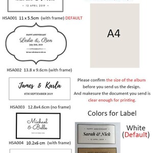 Op de afbeelding: Gepersonaliseerde patroonopties voor labels en albums. Kies uit vijf verschillende ontwerpen, elk met een uniek frame en formaat. De ontwerpen bevatten namen en data, perfect voor jubilea, verjaardagen of andere speciale gelegenheden. De labels zijn zelfklevend en verkrijgbaar in wit of kraftpapier. De albumformaten zijn 11 x 5,5 cm, 13,8 x 9,6 cm, 12,8 x 4,6 cm en 10,2 x 6 cm.