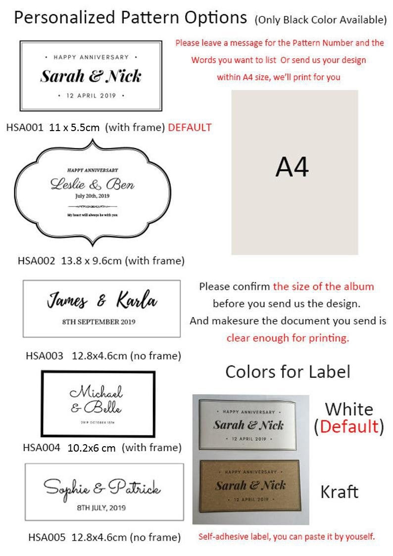 Op de afbeelding: Gepersonaliseerde patroonopties voor labels en albums. Kies uit vijf verschillende ontwerpen, elk met een uniek frame en formaat. De ontwerpen bevatten namen en data, perfect voor jubilea, verjaardagen of andere speciale gelegenheden. De labels zijn zelfklevend en verkrijgbaar in wit of kraftpapier. De albumformaten zijn 11 x 5,5 cm, 13,8 x 9,6 cm, 12,8 x 4,6 cm en 10,2 x 6 cm.