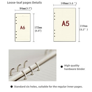 May include: A close-up of a silver binder mechanism with six holes. The text "Loose-leaf pages Details" is at the top of the image. The image also shows the dimensions of two different sizes of paper: A5 (8.2 inches by 5.8 inches) and A6 (6.8 inches by 3.7 inches).