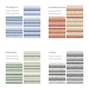 May include: A graphic design showing four different book covers with the titles "The Happy Prince", "The Old Man and the Sea", "Childhood Book", and "To the Sea". Each book cover has a different color scheme and features a grid of text boxes with words related to the book's title.