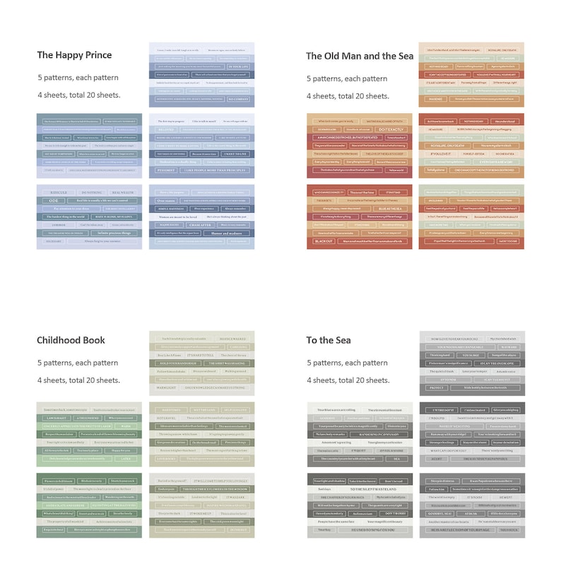 May include: A graphic design showing four different book covers with the titles "The Happy Prince", "The Old Man and the Sea", "Childhood Book", and "To the Sea". Each book cover has a different color scheme and features a grid of text boxes with words related to the book's title.