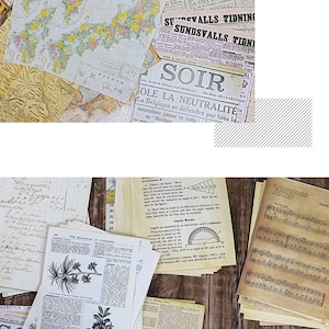 May include: A collection of vintage paper ephemera, including maps, newspaper clippings, sheet music, and handwritten notes. The papers are in various shades of yellow, brown, and white, and have a distressed, aged look. The papers are arranged in a random pattern on a wooden surface.