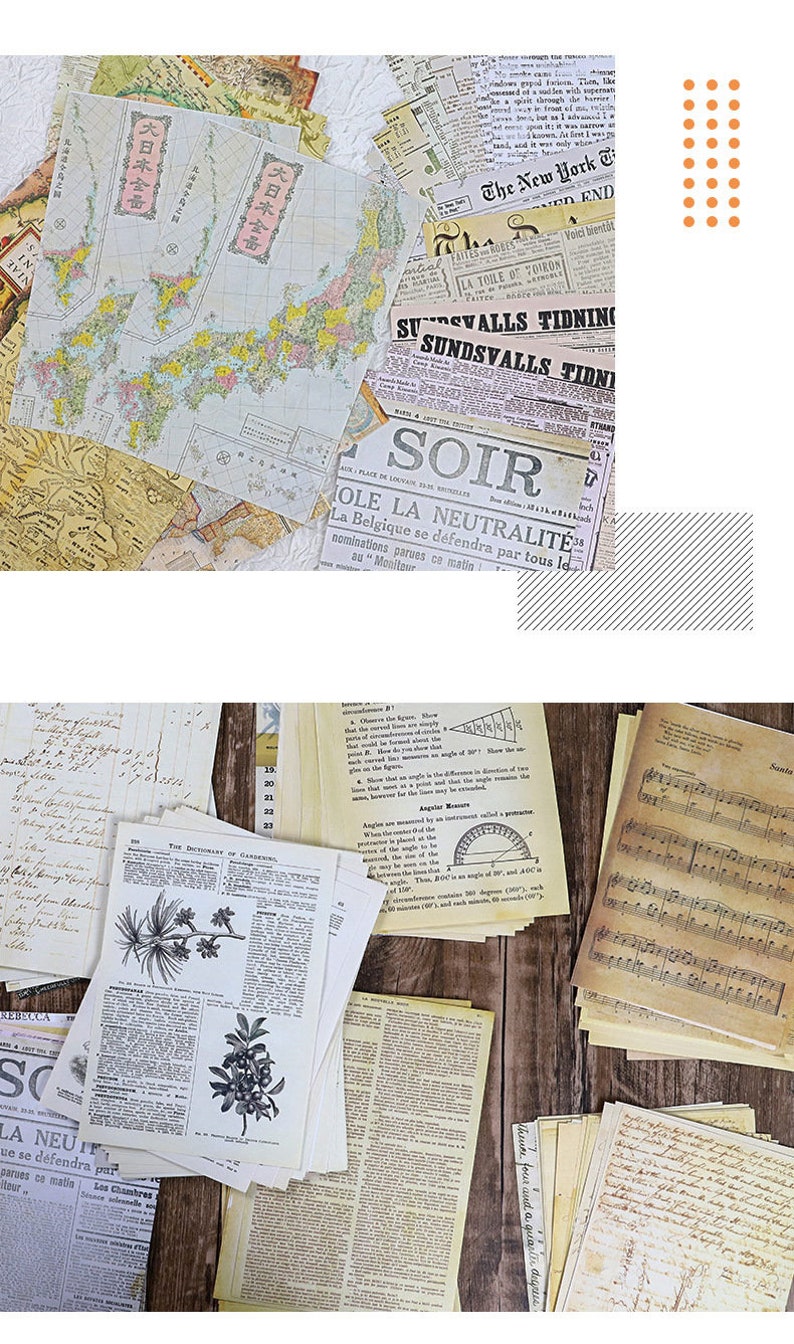 May include: A collection of vintage paper ephemera, including maps, newspaper clippings, sheet music, and handwritten notes. The papers are in various shades of yellow, brown, and white, and have a distressed, aged look. The papers are arranged in a random pattern on a wooden surface.