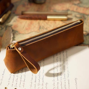 Astuccio portapenne in pelle vintage, astuccio portapenne con cerniera in pelle di cavallo pazzo, astuccio portapenne in pelle di mucca fatto a mano, custodia protettiva per penne, borsa portaoggetti in vera pelle