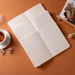 May include: Several open cream-coloured notebooks with lined and grid pages are arranged on a brown surface. A cup of tea, decorative flowers, and a small bunny figurine are also present. The notebooks are open, revealing the blank pages.