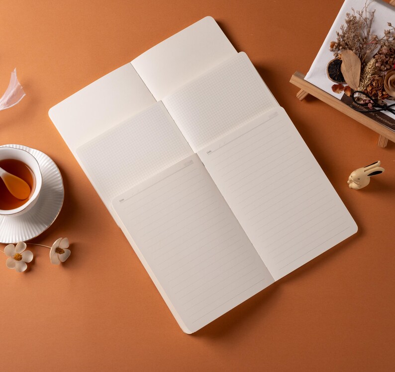 May include: Several open cream-coloured notebooks with lined and grid pages are arranged on a brown surface. A cup of tea, decorative flowers, and a small bunny figurine are also present. The notebooks are open, revealing the blank pages.
