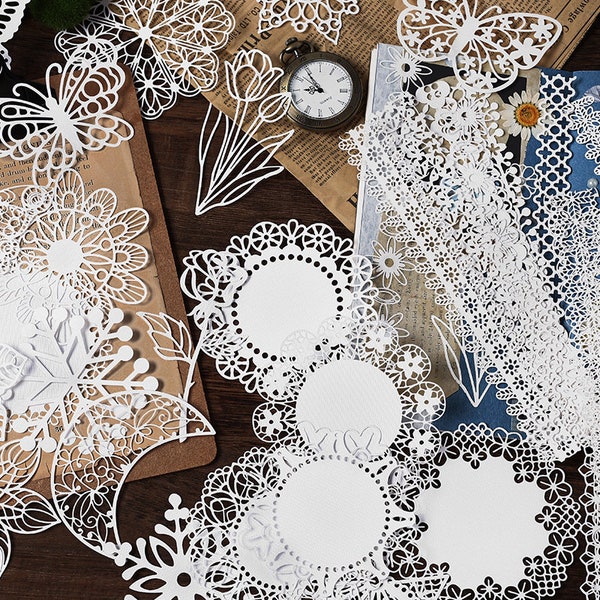 Lace Papier Dekoration Kits 10ps Scrapbooking Zubehör Junk Journal Papier Schmetterling Pflanzen Schneeflocke Lace Papier, INS Stil DIY Bastelpapier