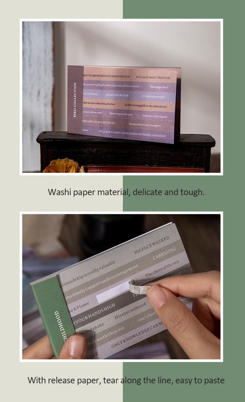 May include: Two sets of colorful washi tape featuring inspirational quotes. The first set is titled "Bird Collection" and includes quotes like "Dancing Water" and "Will you carry the burden of their lameness?" The second set is titled "Childhood" and includes quotes like "Friendship is really valuable" and "Only knowledge can make one's face."