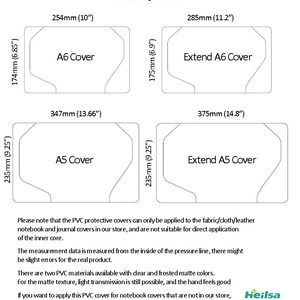 May include: Diagram showing two sizes of protective covers for notebooks and journals. The covers are available in A6 and A5 sizes, with an option to extend the cover size. The diagram includes measurements in inches and millimeters.