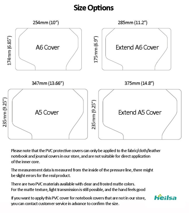 May include: Diagram showing two sizes of protective covers for notebooks and journals. The covers are available in A6 and A5 sizes, with an option to extend the cover size. The diagram includes measurements in inches and millimeters.