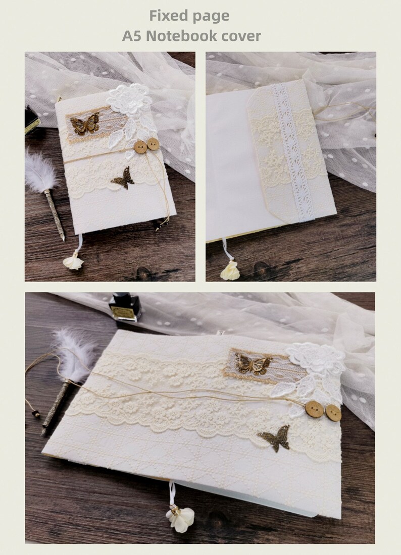 May include: A white A5 notebook cover with lace trim, brown buttons, and gold butterfly accents. The cover is decorated with a burlap and lace overlay.
