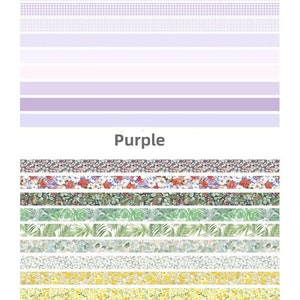 May include: A collection of washi tape featuring various patterns, including floral, geometric, and stripes. The tape is organized into two categories: Purple and Nature.