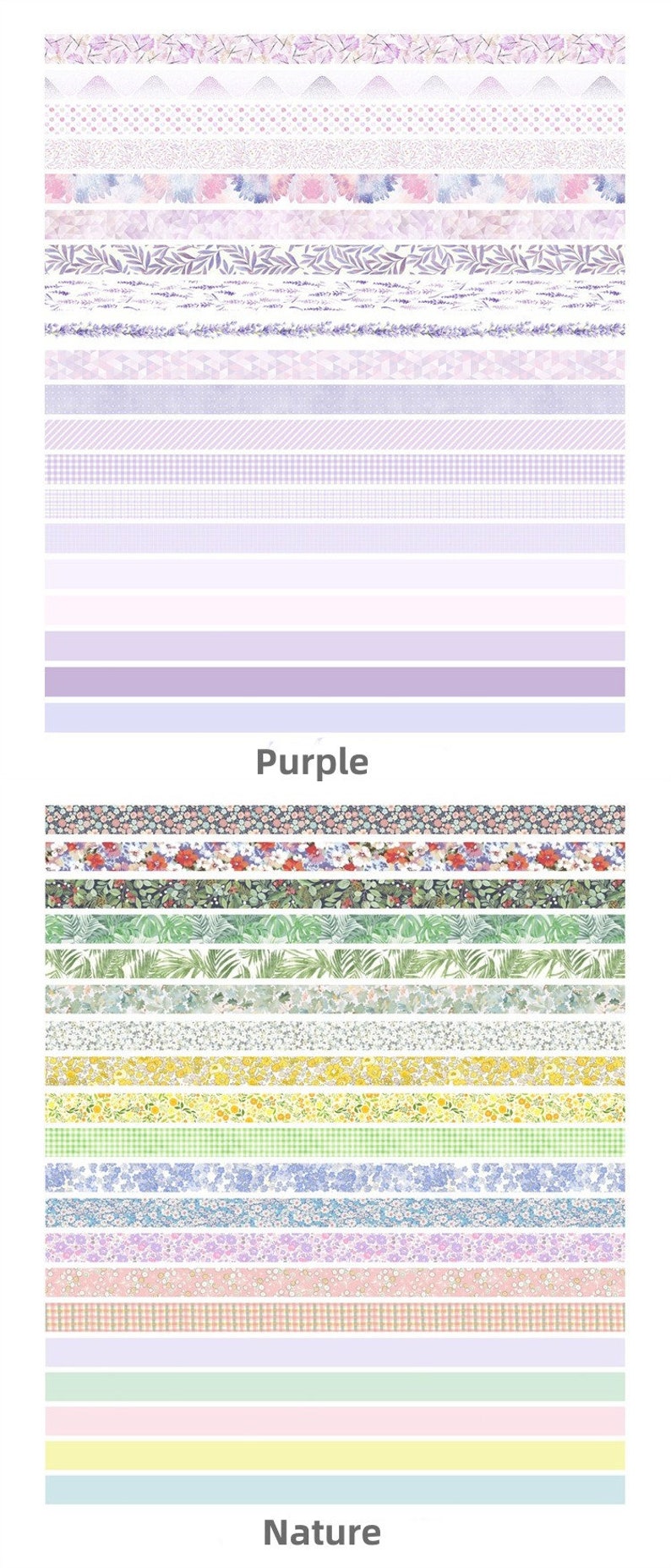May include: A collection of washi tape featuring various patterns, including floral, geometric, and stripes. The tape is organized into two categories: Purple and Nature.