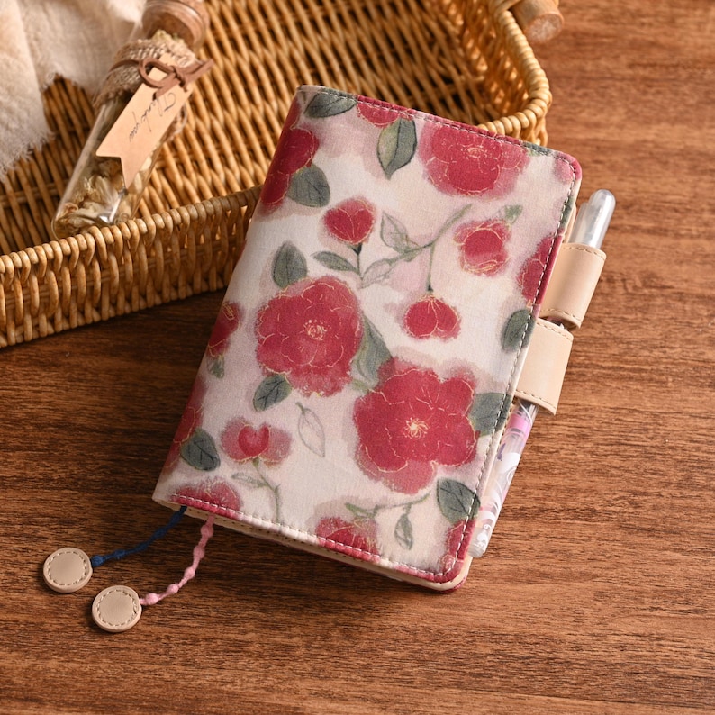 Retro Rose Handmade Notebook Journal Cover A6 A5 B6 Weeks Book Planner Cover Leather Interior for Hobonichi Midori with Pen Loop & Pockets image 1