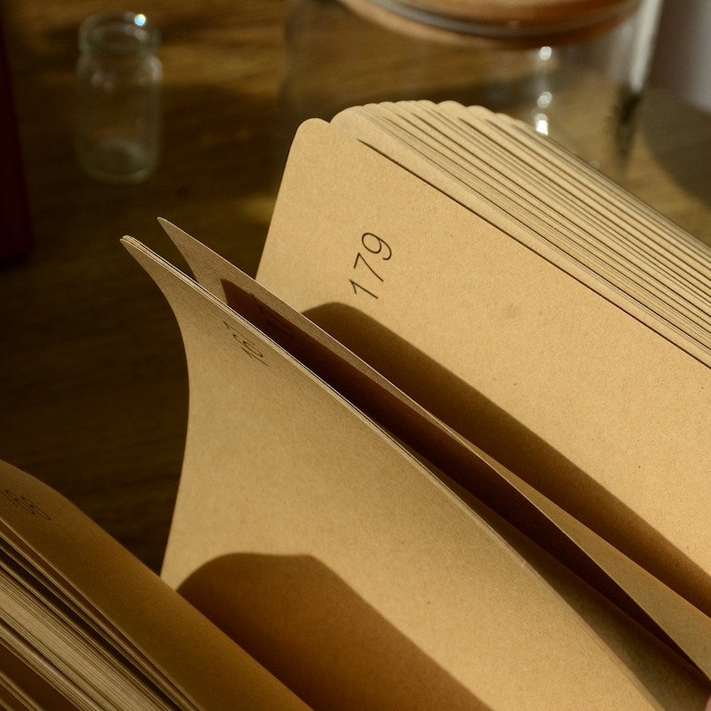 May include: A brown notebook with the number 179 printed on the spine. The notebook is open and the pages are fanned out.