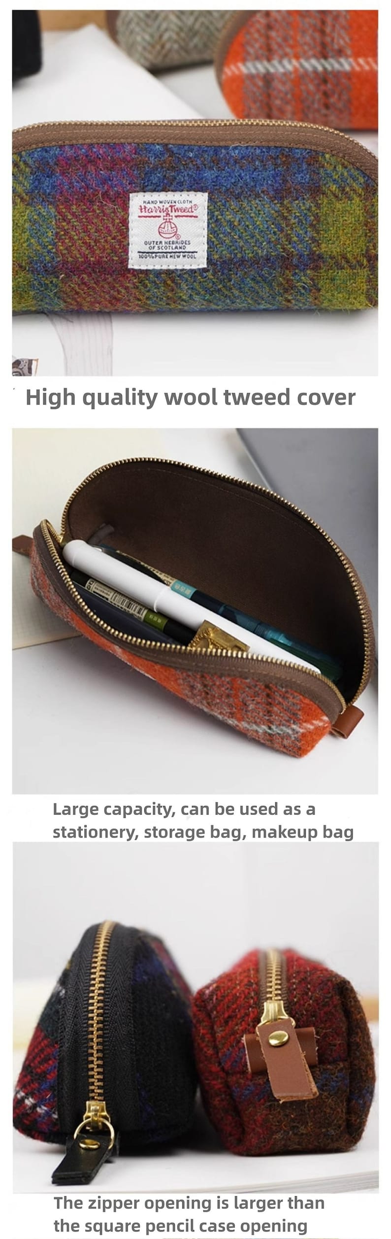 May include: A semi-circular pencil case made of multi-colored Harris Tweed wool fabric with a brown zipper closure. The interior is lined with dark brown fabric and contains pens. The exterior features a white label with red and black text.